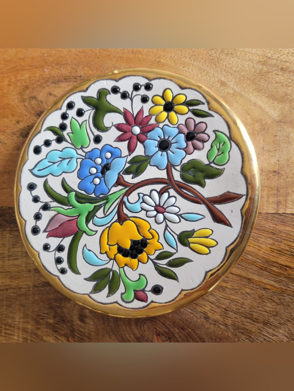 Vintage Sevillarte Spanish Handcrafted Decorative Wall Plate 24K Plated Rim 5"